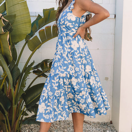 Henley Floral U Neck Flutter Shoulder Tiered Midi Dress