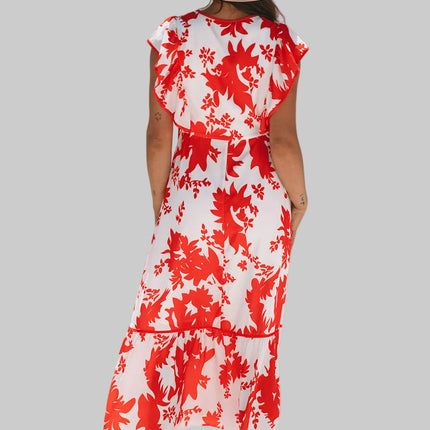Scarlett Floral Trimmed V Neck Ruffle Sleeve Dress
