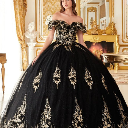 Floral Off The Shoulder Gown - Black & Gold