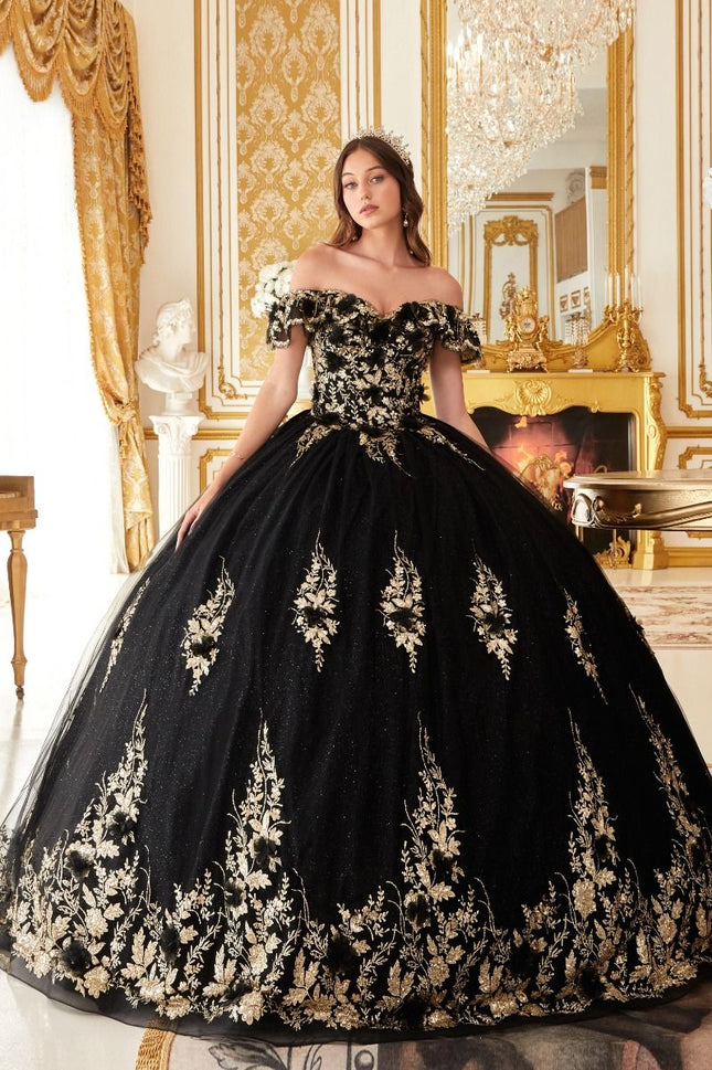 Floral Off The Shoulder Gown - Black & Gold