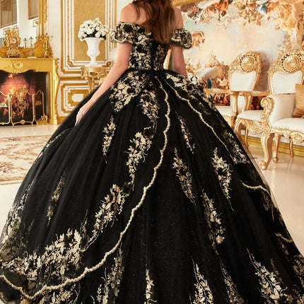 Floral Off The Shoulder Gown - Black & Gold