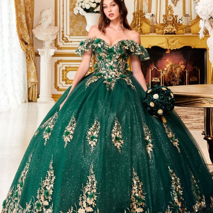 Floral Beauty Off The Shoulder Gown - Emerald Green