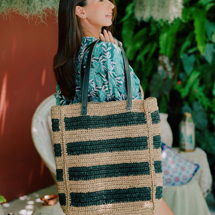 Alina All Over Striped Premium Raffia Tote