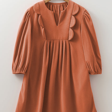 Alyssa Split Neck Scallop Pleated Corduroy Dress