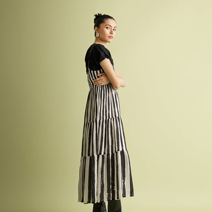Strappy Tiered Maxi Dress in Black Stripes