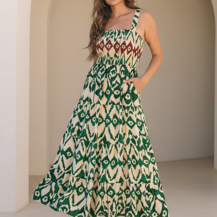 Sarahi Western Aztec Shirred A-line Sleeveless Maxi Dress