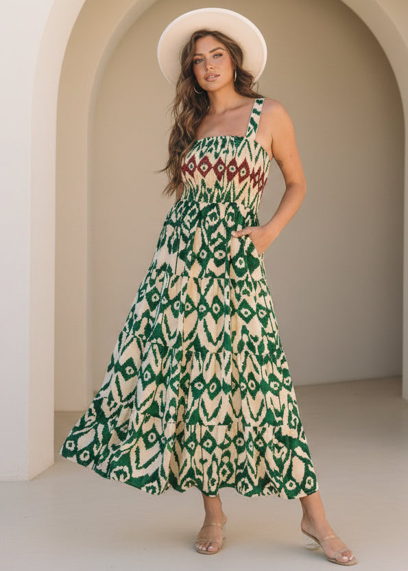 Sarahi Western Aztec Shirred A-line Sleeveless Maxi Dress