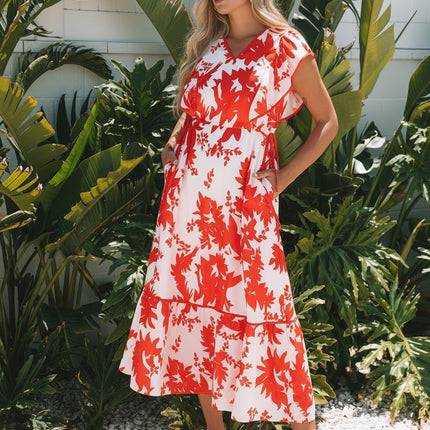 Scarlett Floral Trimmed V Neck Ruffle Sleeve Dress