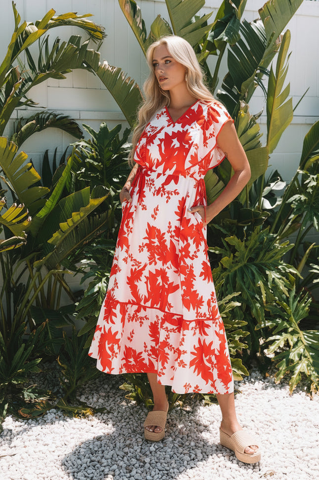 Scarlett Floral Trimmed V Neck Ruffle Sleeve Dress