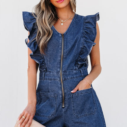 Amora Denim Ruffled Zipped Front Belted Romper
