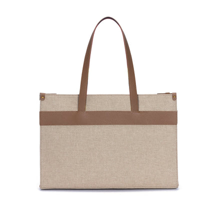 Tobacco Leather & Canvas Tote Bag with Pockets