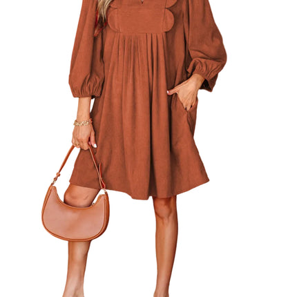 Alyssa Split Neck Scallop Pleated Corduroy Dress