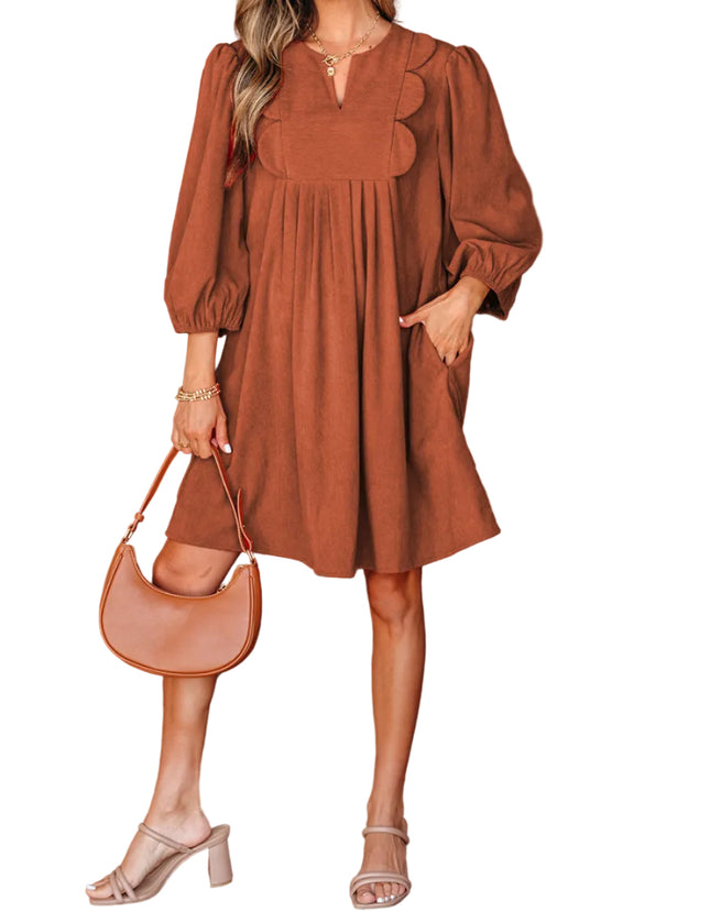 Alyssa Split Neck Scallop Pleated Corduroy Dress