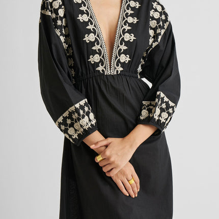 Deep V Embroidered Dress in Black