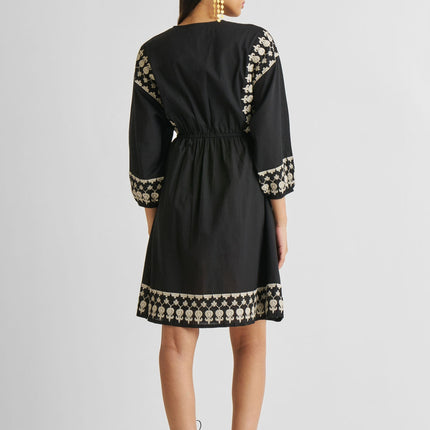 Deep V Embroidered Dress in Black