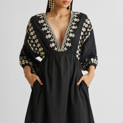 Deep V Embroidered Dress in Black