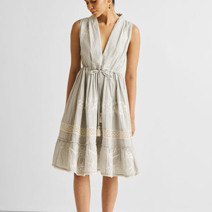 Embroidered Drawstring Gathered Dress in Grey