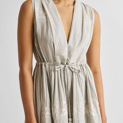Embroidered Drawstring Gathered Dress in Grey