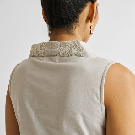 Embroidered Drawstring Gathered Dress in Grey