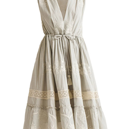 Embroidered Drawstring Gathered Dress in Grey