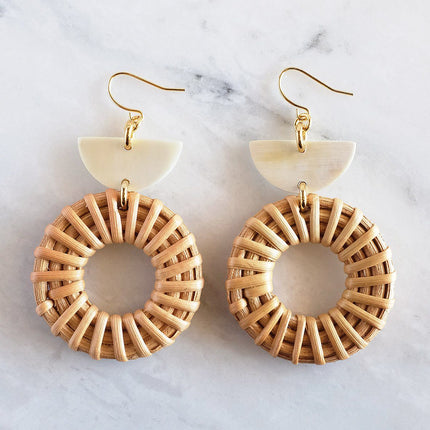 16K Gold Plated Brass & Rattan Crescent & Donut Earrings
