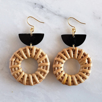 16K Gold Plated Brass & Rattan Crescent & Donut Earrings