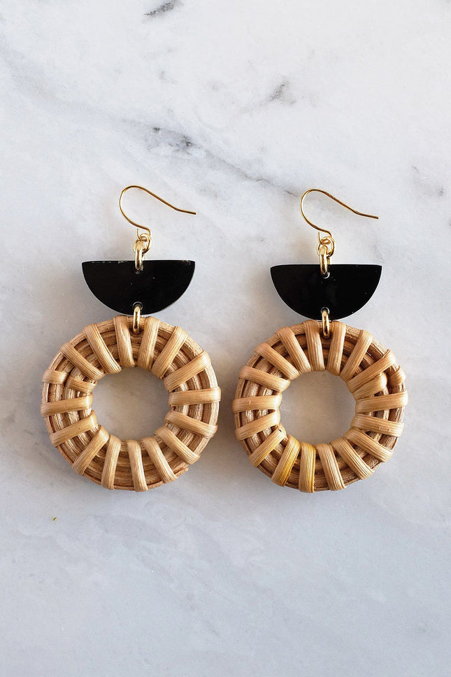 16K Gold Plated Brass & Rattan Crescent & Donut Earrings