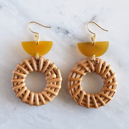 16K Gold Plated Brass & Rattan Crescent & Donut Earrings