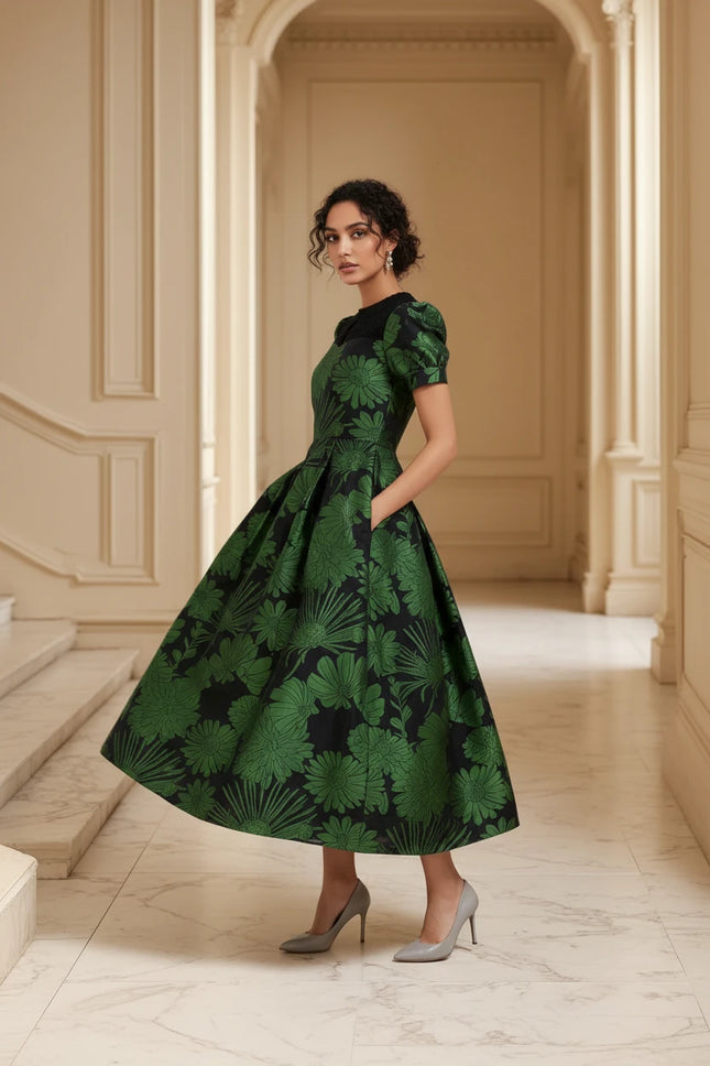 Floral Themed Green and Black Dress