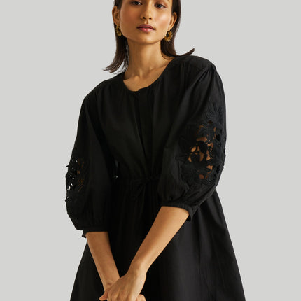 Shirt Dress with Balloon Sleeves in Black