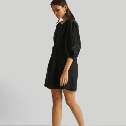 Shirt Dress with Balloon Sleeves in Black
