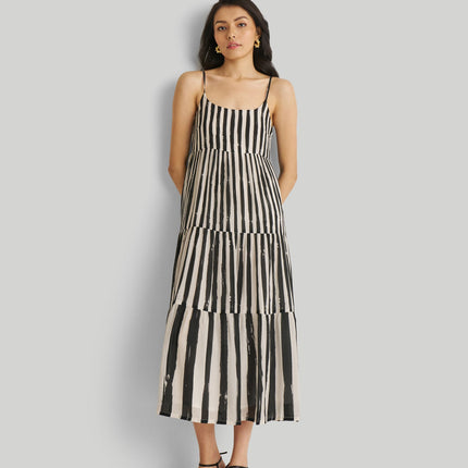Strappy Tiered Maxi Dress in Black Stripes
