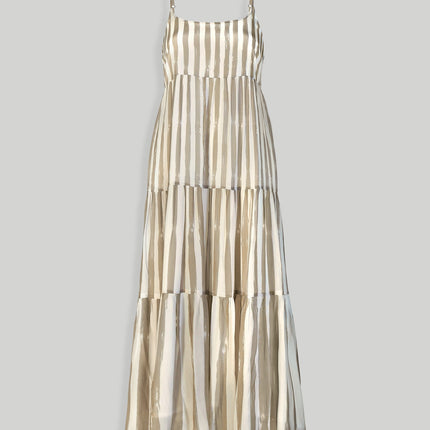 Strappy Tiered Maxi Dress in Beige Stripes