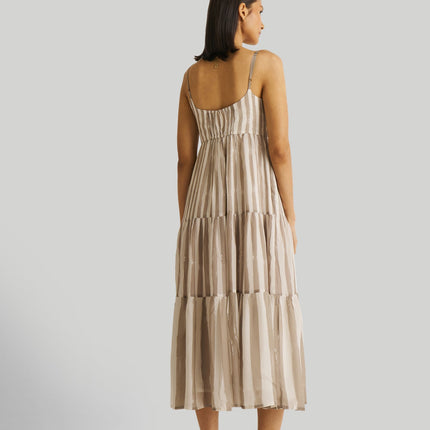 Strappy Tiered Maxi Dress in Beige Stripes