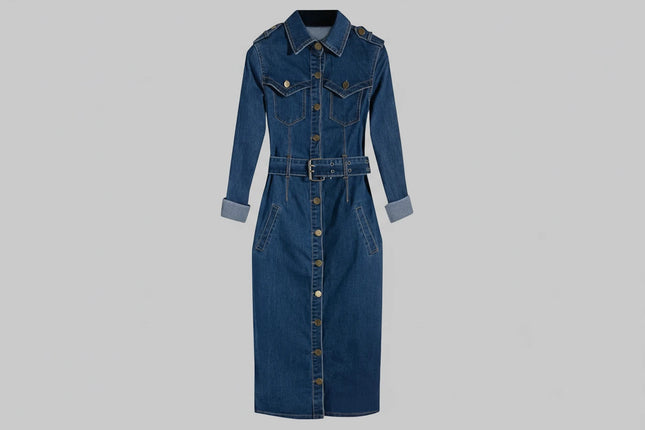 Sheath Blue Jean Belted Dress