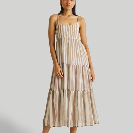 Strappy Tiered Maxi Dress in Beige Stripes