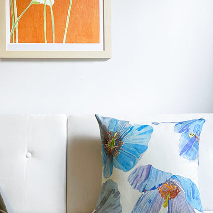 Himalayan Blue Poppies on Ecru Throw Pillow