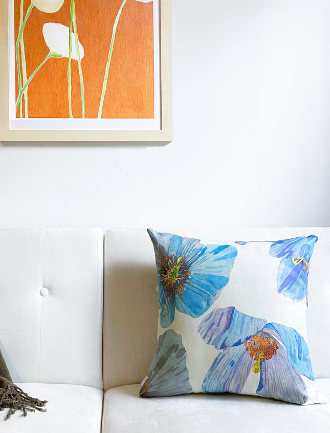 Himalayan Blue Poppies on Ecru Throw Pillow