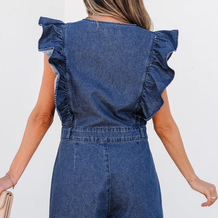 Amora Denim Ruffled Zipped Front Belted Romper