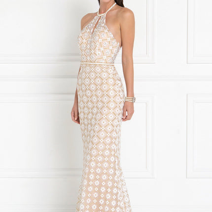 Tulle Halter Mermaid Jeweled Dress - Champagne