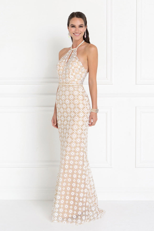 Tulle Halter Mermaid Jeweled Dress - Champagne
