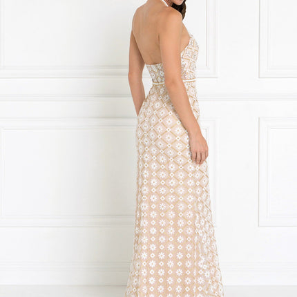 Tulle Halter Mermaid Jeweled Dress - Champagne