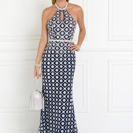 Tulle Halter Mermaid Long Dress with Jewels Embellished - Navy