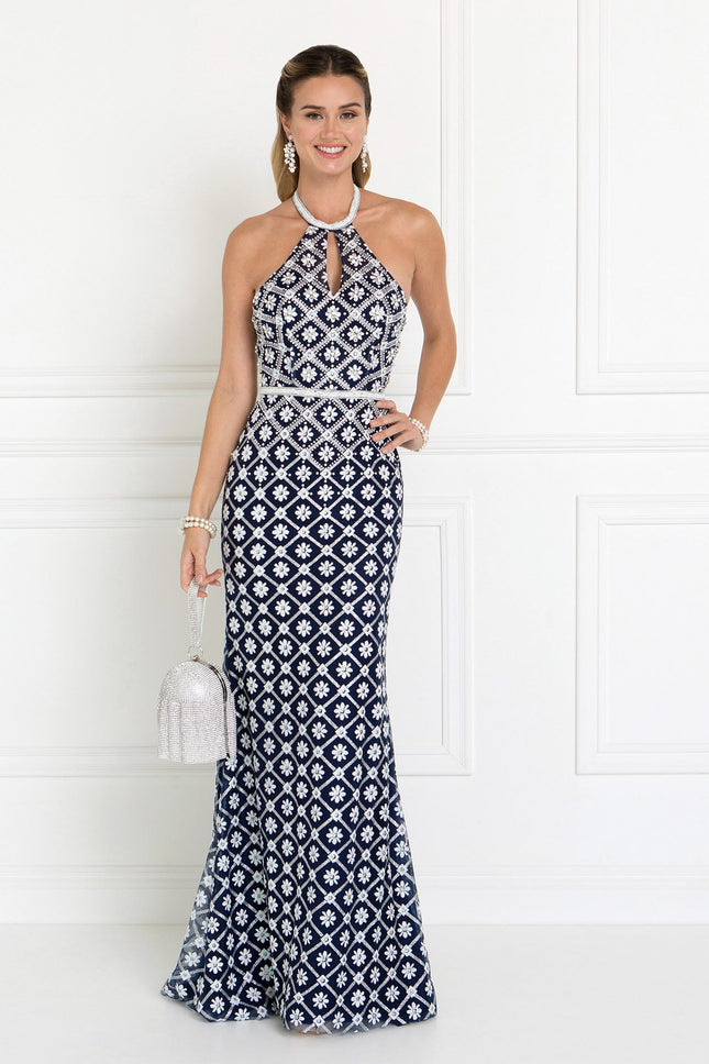 Tulle Halter Mermaid Long Dress with Jewels Embellished - Navy