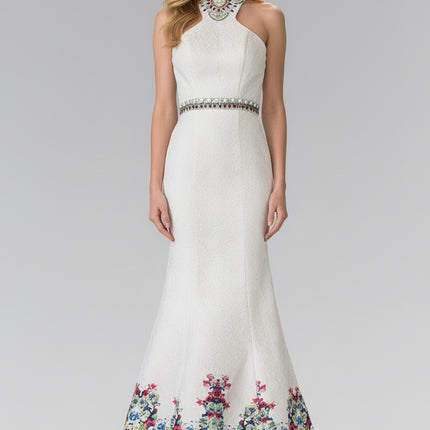 Floral Print Mermaid Dress with Jeweled Neck