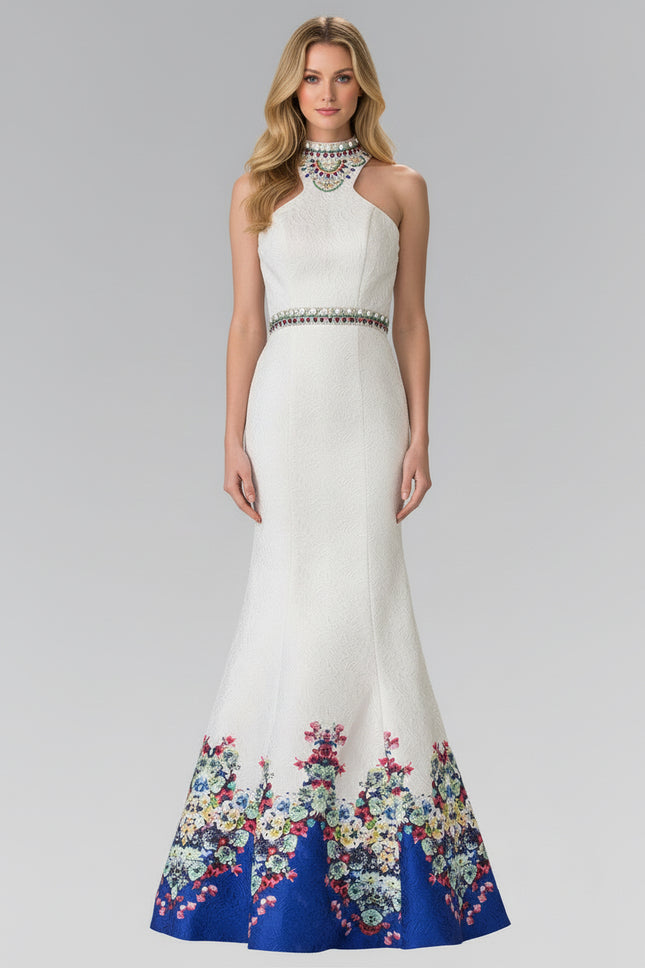 Floral Print Mermaid Dress with Jeweled Neck