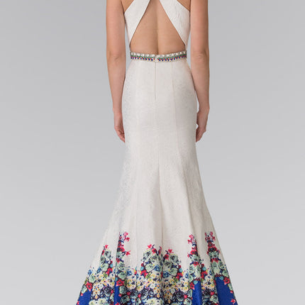 Floral Print Mermaid Dress with Jeweled Neck