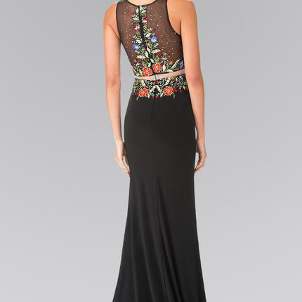 Mock Two-Piece Jersey Long Dress with Floral Embroidery