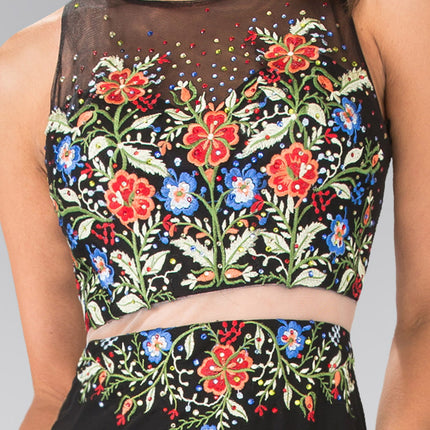 Mock Two-Piece Jersey Long Dress with Floral Embroidery