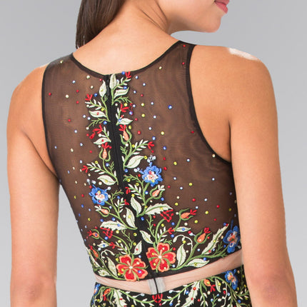 Mock Two-Piece Jersey Long Dress with Floral Embroidery